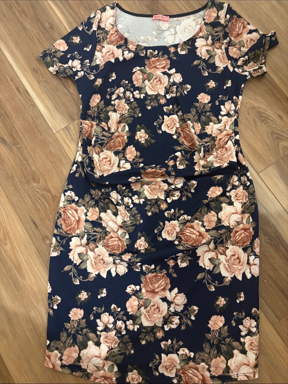 Floral Navy Short Sleeve Maternity Sheath Dress - Peach Rose Print